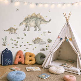 Stegosaurus Family Wall Sticker Pack Displayed in Playroom with Tent