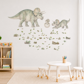 Triceratops Family Wall Sticker Pack Displayed above Kids Table — Close Up